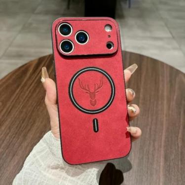 Imagem de SFDSUH Capa magnética de couro fosco com padrão retrô para iPhone 16e, à prova de choque (para iPhone 16e/Vermelho)