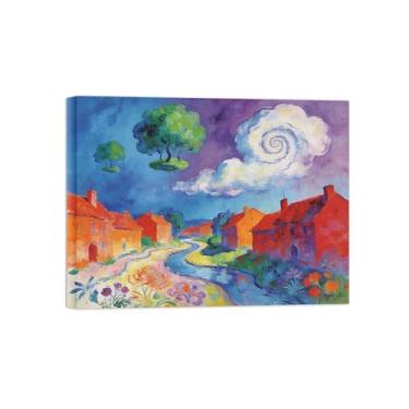 Imagem de Impressão em tela de arte de parede surrealismo - casa rio nuvens árvore decoração paisagem pintura quadros para sala de estar pronto para pendurar tela embrulhada 60x80cm24x31in