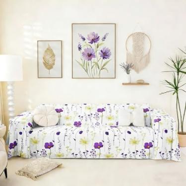 Imagem de Erosebridal Capa de sofá floral em aquarela roxa e amarela para sofá, moderna, minimalista, branca, para animais de estimação, cães, casa de fazenda, lavável, antiderrapante, protetor de sofá 180 cm x