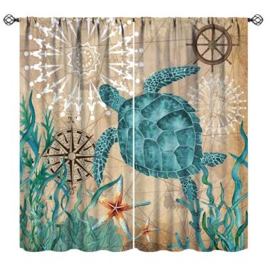 Imagem de Cortina Tartaruga Marinha, Oceano Náutico, Retrô, Algas Marinhas, Água, Grama, Janela, Tratamentos para Cozinha, Sala de Estar, Quarto, Cortinas de Varão, Bolso para Haste, 2 Painéis 106 x 113 cm