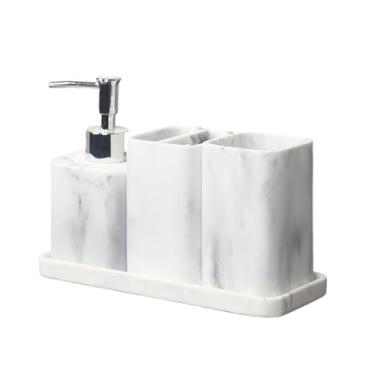 Imagem de Lindos conjuntos de acessórios de banheiro de resina, conjunto completo de 4 peças de acessórios, inclui dispensador de loção, copo de enxaguante bucal, suporte de escova de dentes e bandeja para
