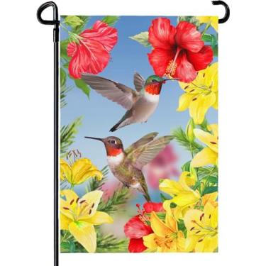Imagem de Dacawin Bandeiras de jardim beija-flor vermelha hibisco e lírios amarelos bandeira de quintal aniversário de casamento poliéster floral casa banners dupla face para festa primavera verão decoração ao