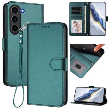 Imagem de Capa carteira para Samsung Galaxy S23, capa fina de couro com compartimentos para cartões, alça de pulso e suporte, capa protetora à prova de choque para homens e mulheres (verde escuro)