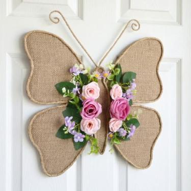 Imagem de Lyrow Guirlanda de borboleta de mola para decoração de porta da frente 33,4 x 16,5 polegadas Guirlanda de porta de mola com bagas de sinalização roxas, decorações florais artificiais para casa