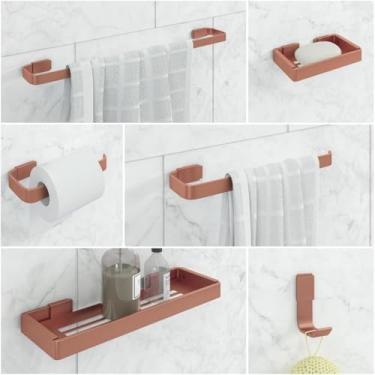 Imagem de Kit Acessórios para Banheiro Aço Inox 6 Peças Porta Toalhas Papeleira Saboneteira Porta Shampoo Gancho (Rose Gold)