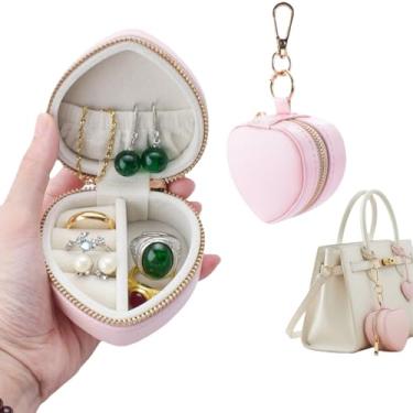 Imagem de Easyoyo Estojo de viagem de joias em forma de coração – Suporte de anel portátil e organizador com chaveiro, clutch com zíper para brincos, colares, caixa de presente de viagem de casamento premium