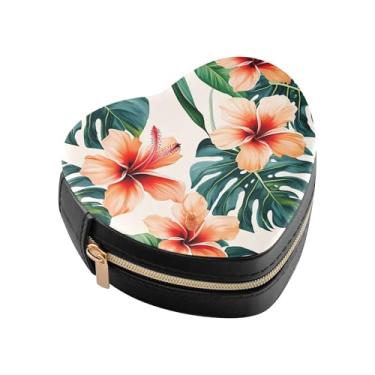 Imagem de Burbuja Caixa de joias em forma de coração com folhas de flores tropicais, mini estojo de viagem para mulheres e meninas, organizador portátil de armazenamento para brincos, anéis, colares e pulseiras