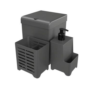 Imagem de Kit Pia 3 Peças Lixeira Dispenser Porta Talher Cozinha - Stolf Cinza