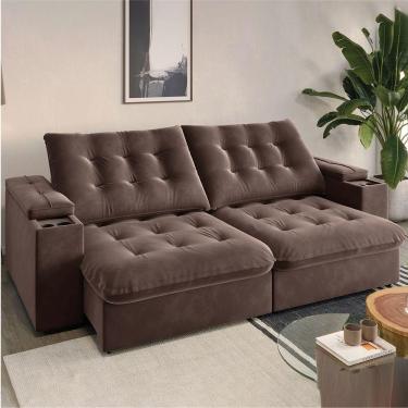 Imagem de Sofá Retrátil E Reclinável 3 Lugares 2,30m Com Porta Copos Veludo New Coliseu Selmer Marrom