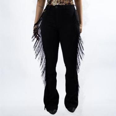 Imagem de Calça Jeans Feminina Preta Flare Básica Franjas Moda Country Cintura A