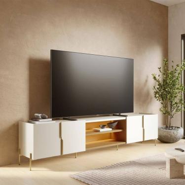 Imagem de Rack para Tv até 85 Polegadas 240cm com Led 4 Portas Puxadores e Pés em Metal Maggiore Off White/Freijó