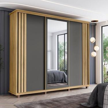 Imagem de Guarda-roupa Casal com Espelho 3 Portas de Correr com Ripas 4 Gavetas Espanha Cinamomo /Grafite