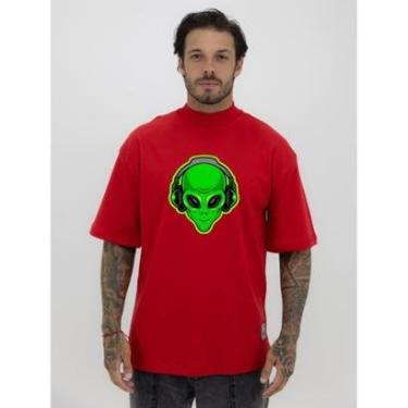 Imagem de Camiseta Camisa Oversized Gola Alta Estampa ET Green Streetwear Algodão Premium Vermelho-Masculino