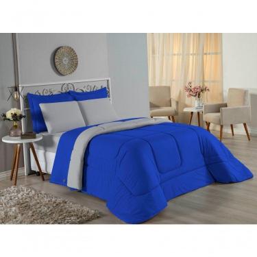 Imagem de Kit Edredom Dupla Face + Jogo De Lençol Casal Nobre 6 Peças Malha 100% Algodão - Royal / Cinza