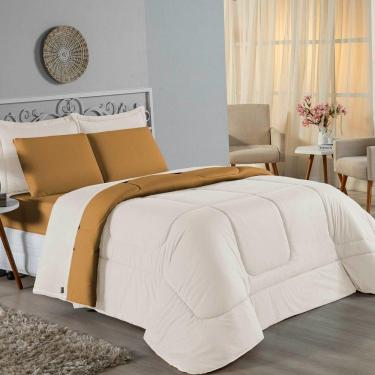 Imagem de Kit Edredom Dupla Face + Jogo De Lençol Solteiro Nobre 5 Peças Malha 100% Algodão - Palha / Cobre