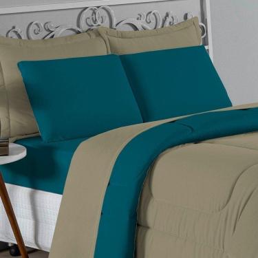 Imagem de Kit Edredom Dupla Face + Jogo De Lençol Solteiro Nobre 4 Peças Malha 100% Algodão - Avelã / Petróleo