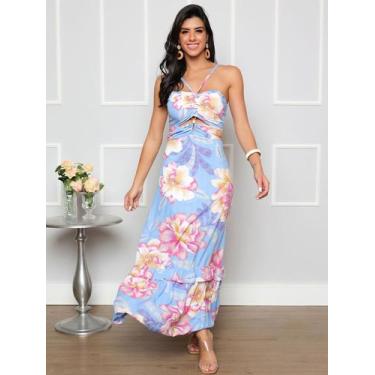 Imagem de Vestido feminino longo estampado tamanho G tecido viscose cor azul beb