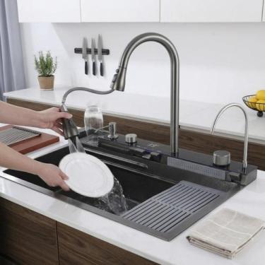 Imagem de Cuba cozinha inteligente gourmet quadrada aço inox pia preto 75x46x22c