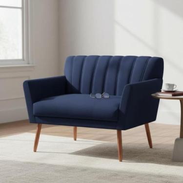 Imagem de Namoradeira Decorativa Cecília Suede Azul Marinho 2 Lugares Pés Madeir