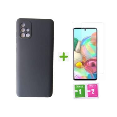 Imagem de Kit Capa Capinha Case Silicone Aveludada com Proteção na Câmera + Pelicula 9H Compatível Samsung Galaxy A71 Tela 6.7"