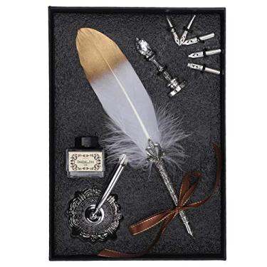 Imagem de Conjunto de caneta de vidro e tinta, caneta de escrita de penas, caneta de pena vintage, kit de ponta de pena para presente de para escrever (branca)