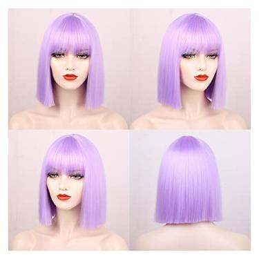 Imagem de Perucas femininas sintéticas perucas curtas retas com franja para mulheres, preto, rosa, roxo, vermelho, natural, cabelo humano (cor: roxo, comprimento esticado: 35,5 cm)