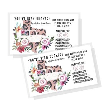 Imagem de Cartões Duck Duck Texas | Pacote com 50 | Etiqueta Duck | Você foi patinho por uma garota do Texas! | Etiquetas de cartão SUV Ducking tamanho 8,9 x 5 cm | Leopard Texas e design floral