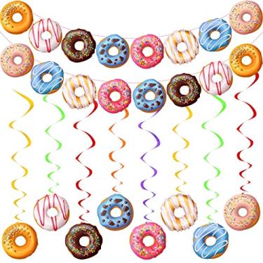 Imagem de 34 peças de decoração de festa de donuts inclui 2 peças de faixa de festa tema de donut guirlanda de donut e 32 peças de donut Party Danglers Danglers Donut Hanging Swirl para lembrancinhas de chá de bebê de aniversário