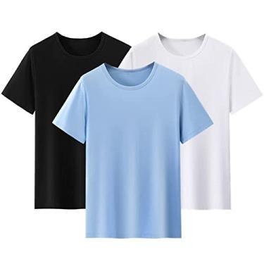 Imagem de 3 peças modal gola redonda manga curta camiseta para homens e mulheres verão fresco cor sólida modal camiseta.., Preto, branco, azul claro, G
