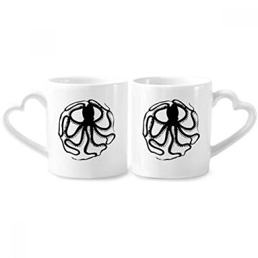 Imagem de Conjunto de canecas de porcelana para casais, estampa de vida marinha, polvo, preto, coração