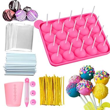 Imagem de Molde de bolo pop – Kit de silicone para bolo pop com copo de medição caneta decorativa com 4 pontas de confeitar, 100 peças de palitos de pirulito 100 peças de sacos de petisco 800 peças de laços dourados torcidos