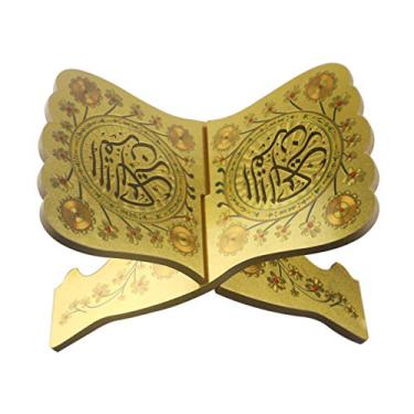 Imagem de Milisten Suporte vintage de madeira para livros do Ramadan Alcorão, suporte dobrável para exibição da Bíblia decorativo islâmico Eid Mubarak, organizador para leitura de oração, capela dourada