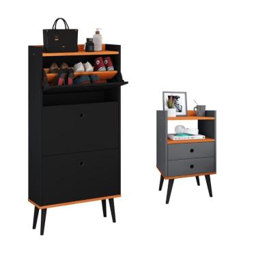 Imagem de Kit Quarto Sapateira Vertical 3 Gavetas Basculantes Dark Preto/Cinamomo e Mesinha Lateral Pequena com Nicho Organizador Dream Cinza/Cinamomo – RPM
