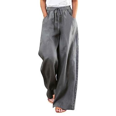 Imagem de Calça plus size longa feminina de algodão sólido cintura alta solta solta calça larga folgada calça plus size para mulheres, Cinza, 3G