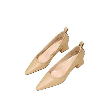 Imagem de Sapato feminino clássico sem cadarço de couro bico fino salto alto 4,5 cm salto grosso quadrado moda sapatos de escritório, Caqui, 6.5