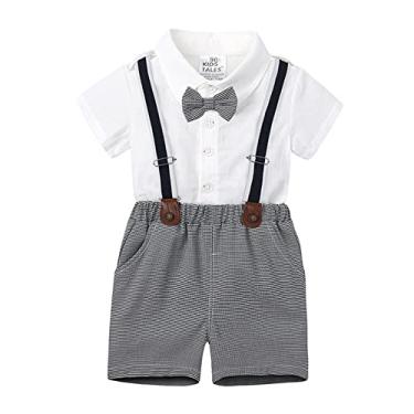Imagem de Camisa social para meninos gravata borboleta para meninos camisa de cavalheiro terno xadrez suspensório shorts Outfids 6 meses de idade bebê menino, Branco, 12-24 Months