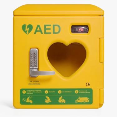 Imagem de Caixa de alarme AED de aço montada na parede, armários de armazenamento de desfibrilador AED com sistema de controle de temperatura e alça, faixa de temperatura definida de -50-120 ℃, para áreas púb