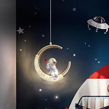 Imagem de Luminária pendente LED para crianças 10W lâmpada de teto para quarto infantil astronauta lua lustre lâmpada para quarto de menina menino adolescente luminária pendente com altura ajustável l