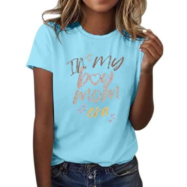 Imagem de Camiseta feminina in My boy mom era 2024 camiseta casual solta com frases blusa básica leve, Azul claro, P