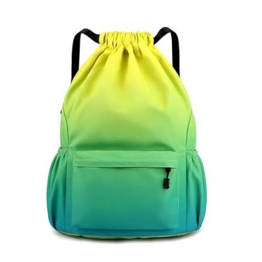 Imagem de Bolsa impermeável com cordão, mochila leve com suporte para garrafa de água e bolsos, mochila esportiva de ginástica, Amarelo, verde, Large, Esportes