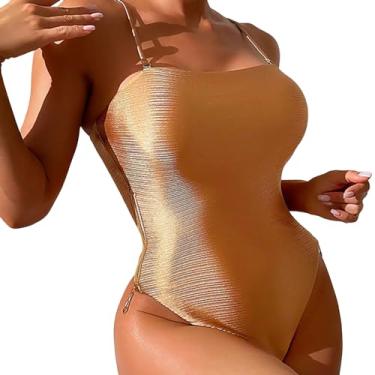 Imagem de Maiô feminino monoquíni grande com controle de barriga, peça única, maiô de corte alto, biquíni sexy modesto de praia, Dourado, M