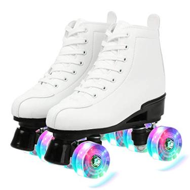 Imagem de Gets Patins femininos de couro PU patins de cano alto patins de quatro rodas patins brilhantes para meninas unissex (roda flash branca, EUA: 6)