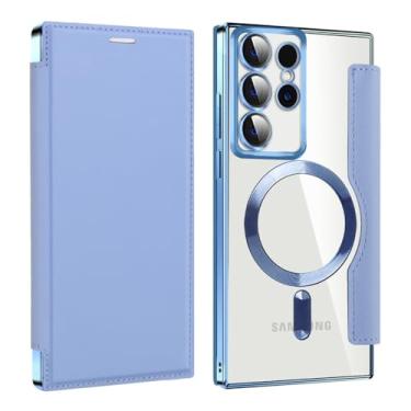 Imagem de Para Samsung Capa de telefone com clipe de cartão flip de couro para Samsung Galaxy S24 S23 S22 Ultra Plus S23 FE para capas magnéticas de carregamento sem fio, azul claro, para Galaxy S24 U