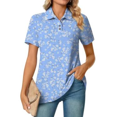 Imagem de Aodemo Camisas polo femininas de verão elegante túnica com colarinho de botão manga curta tops de trabalho decote em V blusas soltas, Flor branca azul polo, XXG