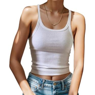 Imagem de Cnlinkco Camiseta regata feminina sem manga canelada básica de tricô slim fit esportiva, Branco curto, P