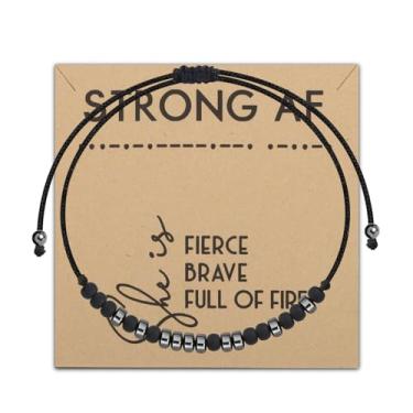 Imagem de PLITI Pulseira de código Morse AF forte presente feminino empoderamento She Is Fierce Strong Brave Full Of Fire presente feminista, Medium, Aço inoxidável, Sem pedras preciosas