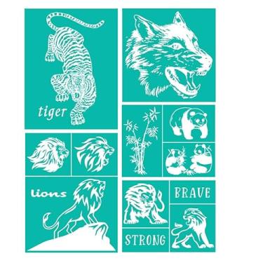 Imagem de Estêncil adesivo de seda para animais da floresta, 5 peças, 21,6 x 28 cm, estêncil de serigrafia de seda tigre leão panda lobo transferências de malha reutilizáveis para pintura em madeira, camiseta,