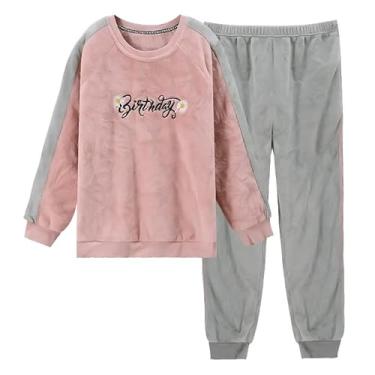 Imagem de LUBOSE Conjunto de camisola de flanela, camisola feminina, camisola térmica de inverno, terno longo feminino de manga comprida, conjunto de camisola confortável para uso doméstico (G, rosa 8)