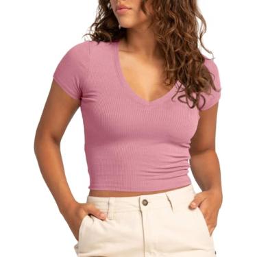 Imagem de Tankaneo Camiseta feminina cropped de verão manga curta gola V slim fit malha canelada camiseta básica Y2k, rosa, PP