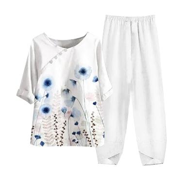 Imagem de Roupas femininas de verão 2024 na moda 2 peças roupas de férias de linho com botões e estampa floral e conjunto de perna larga, F, X-Large